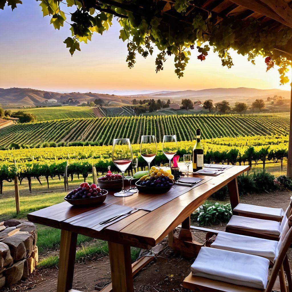 A picturesque vineyard under a golden sunset, showcasing rows of lush grapevines leading to a charming winery. In the foreground, a wooden table with a variety of wine glasses filled with colorful wines, surrounded by cheese and grapes. A small group of people delightfully tasting wine, exuding joy and relaxation. Scattered petals and rustic decor enhance the inviting atmosphere of a wine tour experience. vibrant colors. super-realistic. serene ambiance.
