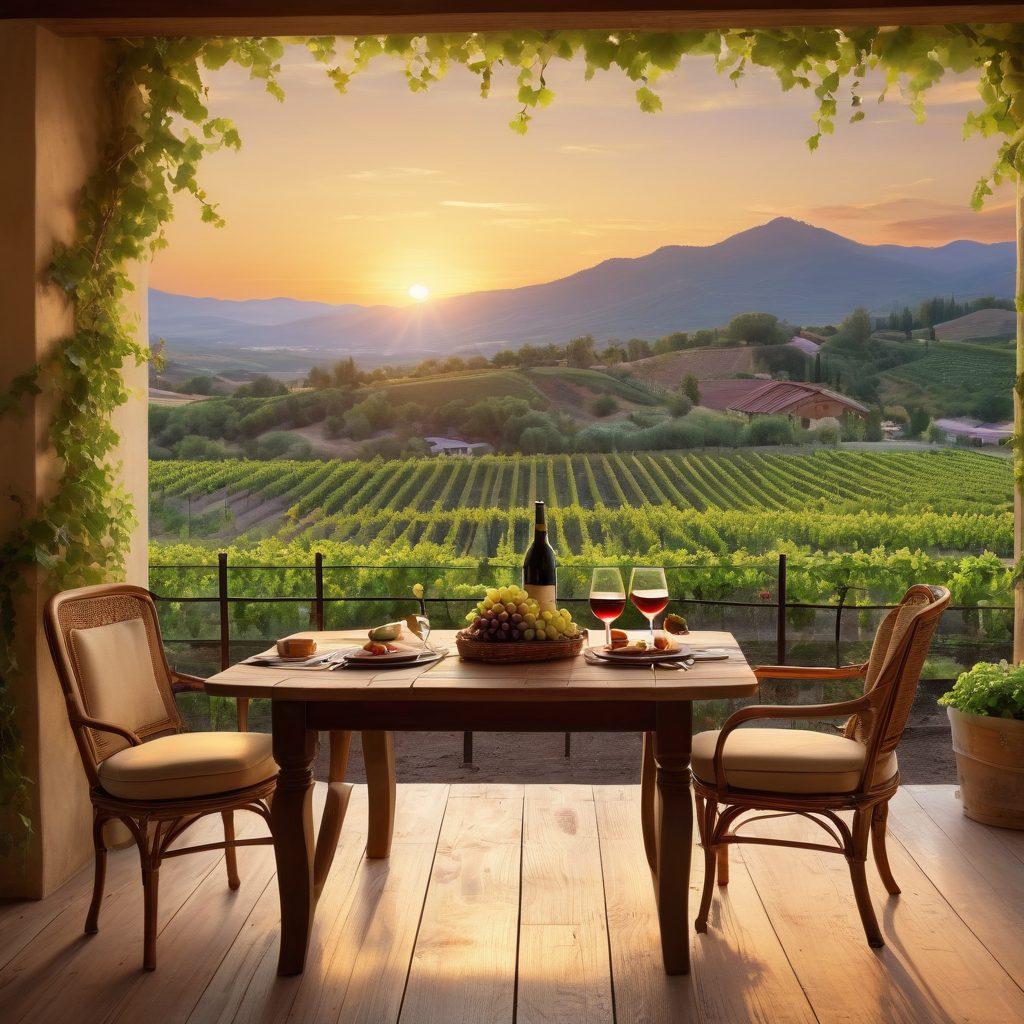 A serene vineyard landscape during sunset, featuring luxurious vacation rentals nestled among the grapevines. A couple is enjoying a glass of wine on a cozy terrace, with mountains in the background and lush greenery all around. Incorporate grapes and wine bottles artfully arranged on a wooden table. Soft, warm lighting enhances the romantic atmosphere. super-realistic. vibrant colors.