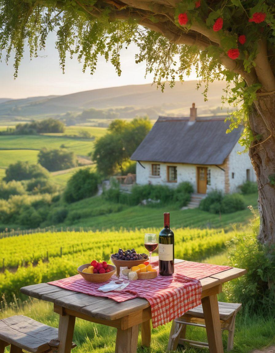 A picturesque countryside scene featuring a rustic self-catering cottage surrounded by lush vineyards. A wooden table adorned with a bottle of red wine, cheese, and fruits is set outside, with rolling hills in the background. Golden hour lighting cascades over the landscape, creating a warm and inviting atmosphere. Colorful wildflowers dot the foreground, enhancing the rural charm. painting. vibrant colors. soft focus.